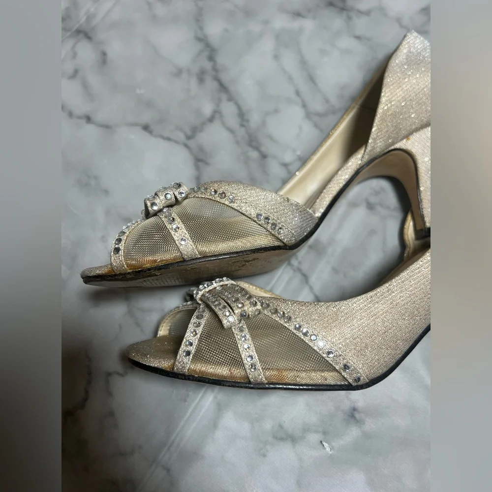 Sparkly Bow Peep Champagne Rhinestone Heels Formal Wedding Prom S 7.5 Capparos